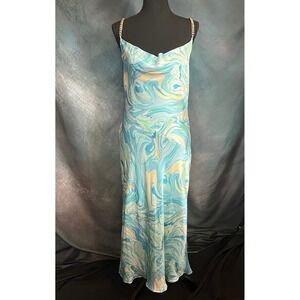 AIIFOS Molly Blue Marble Print Silk Cowl Neck Maxi Dress Chain Straps Size Med